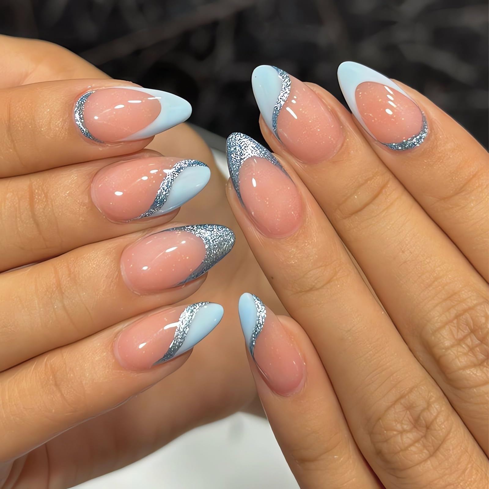Blue Glitter French Tip Press-On Nails - 24Pcs