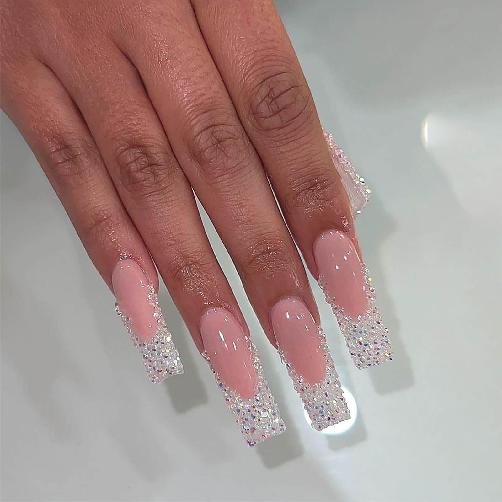Crystal Glitter French Tip Press-On Nails - 24 Pcs