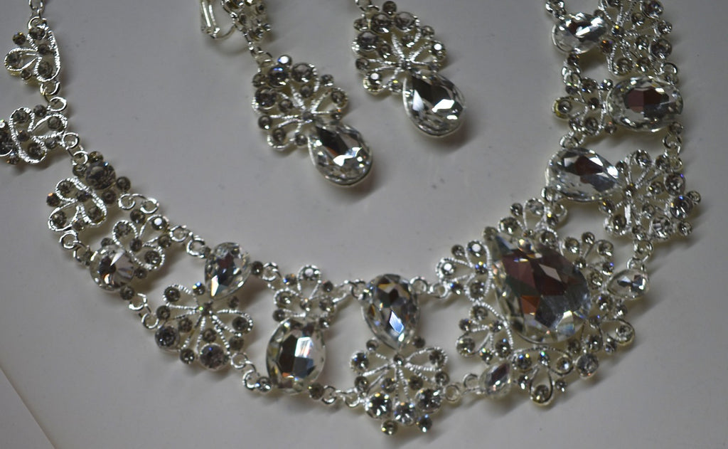 Crystal Glass Geometric Cluster Bridal Necklace & Earring Set — Silver