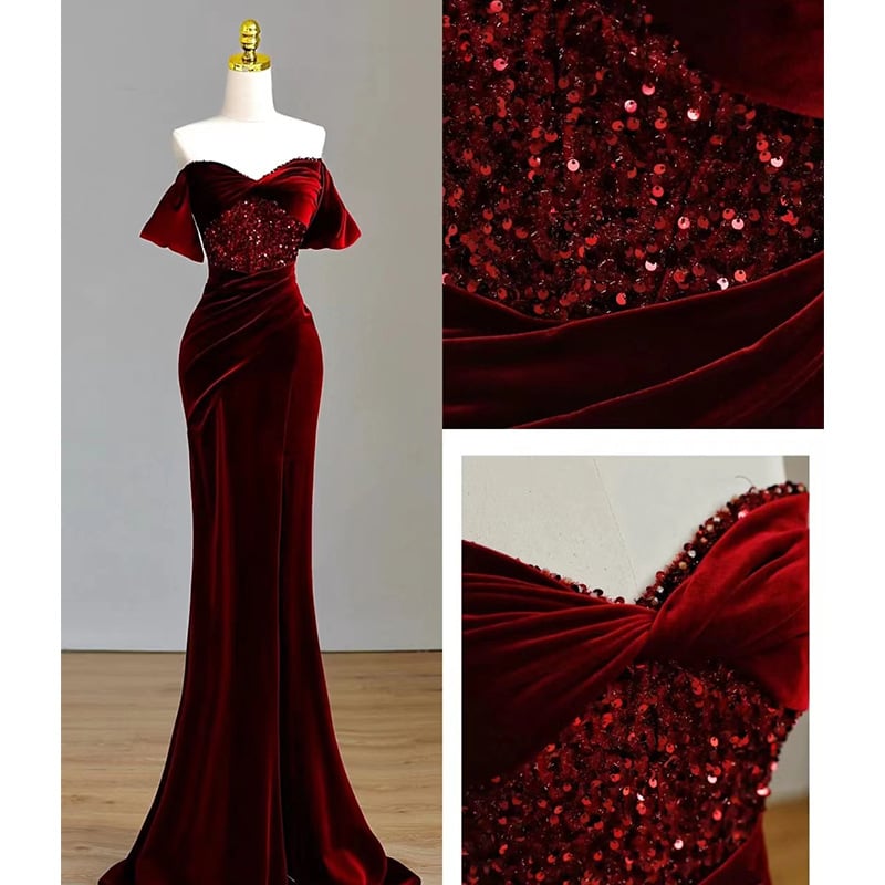 Wine Red Off-Shoulder Velvet Sequins Fishtail Dress