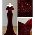 Wine Red Off-Shoulder Velvet Sequins Fishtail Dress