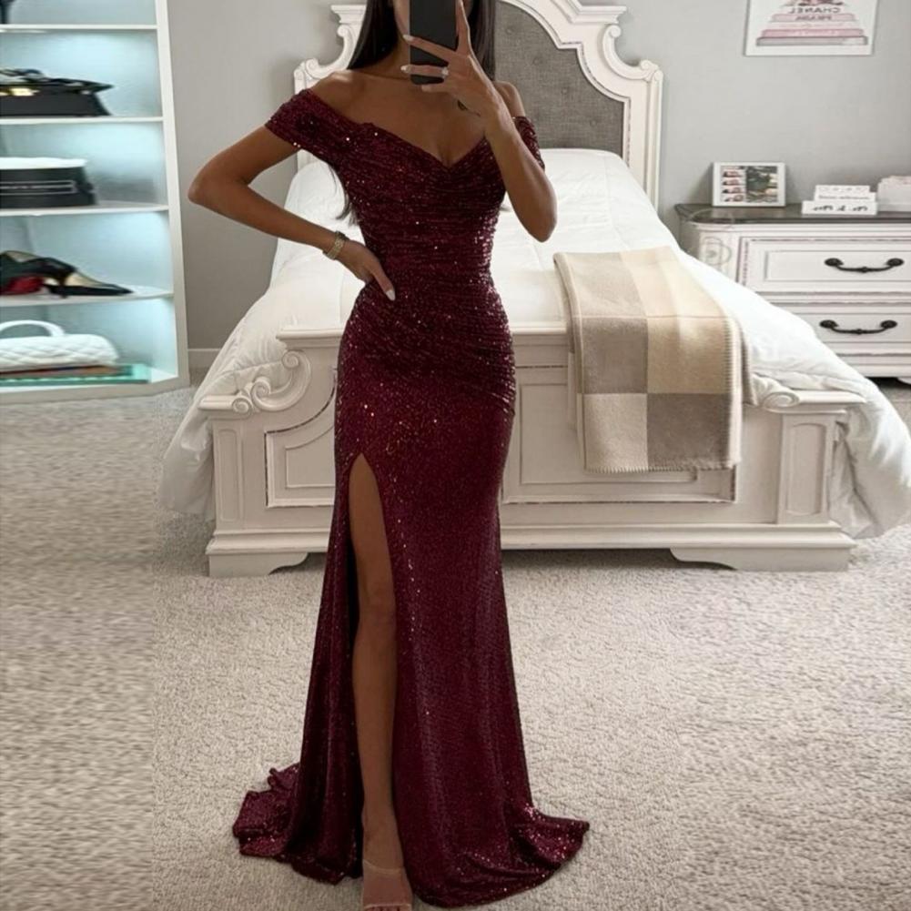 Elegant Off-Shoulder Sequined Maxi Dress