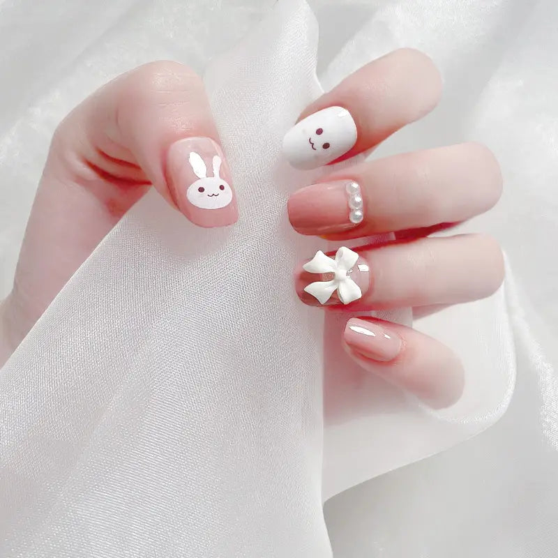 Blush Bunny Bow Press-On Nails - 24pcs