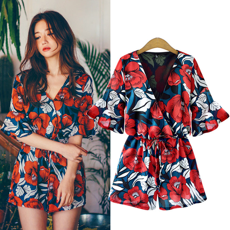Plus Size V-Neck Floral Chiffon Romper