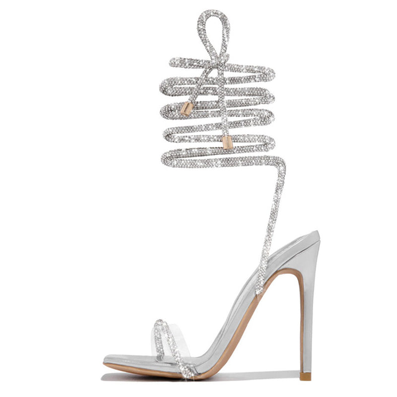 Gold Crystal Ankle Strap Open Toe Heels