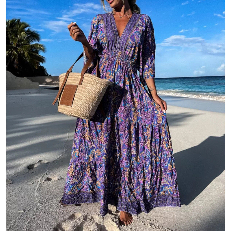 Bohemian Style V-Neck Floral Maxi Dress