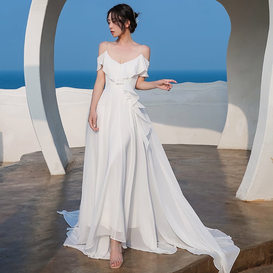 Off-Shoulder Floral Appliqué Chiffon Bridal Maxi Dress — White