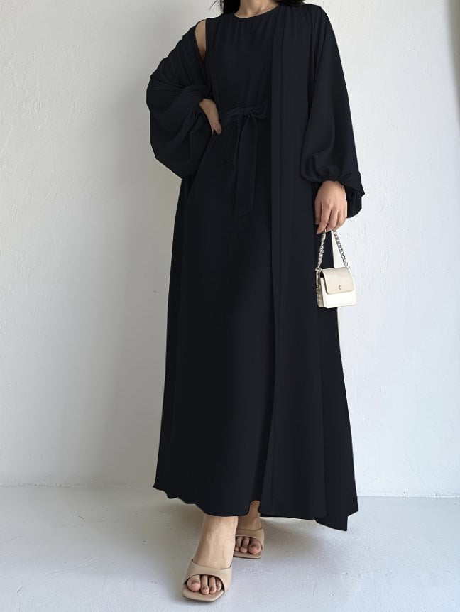Elegant Abaya Ramadan Two-Piece Set with Tie Waist