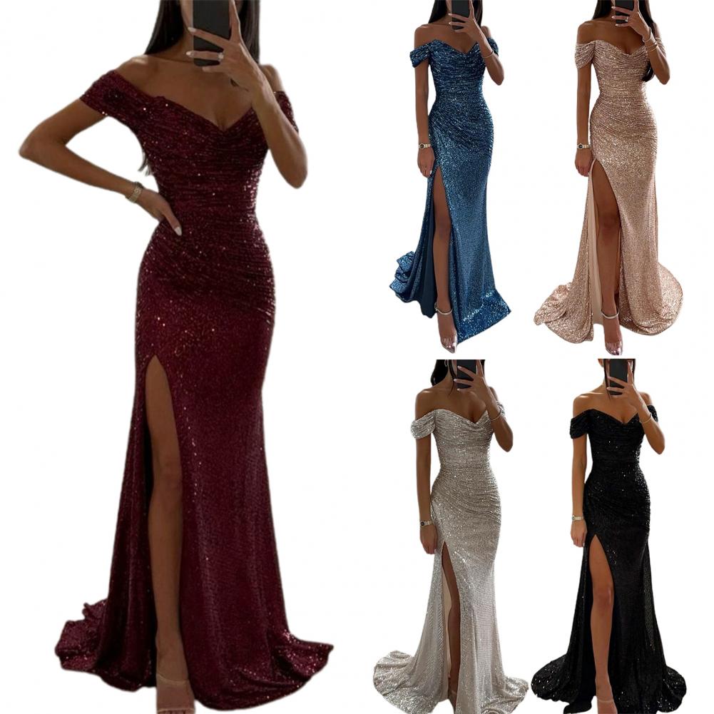 Elegant Off-Shoulder Sequined Maxi Dress