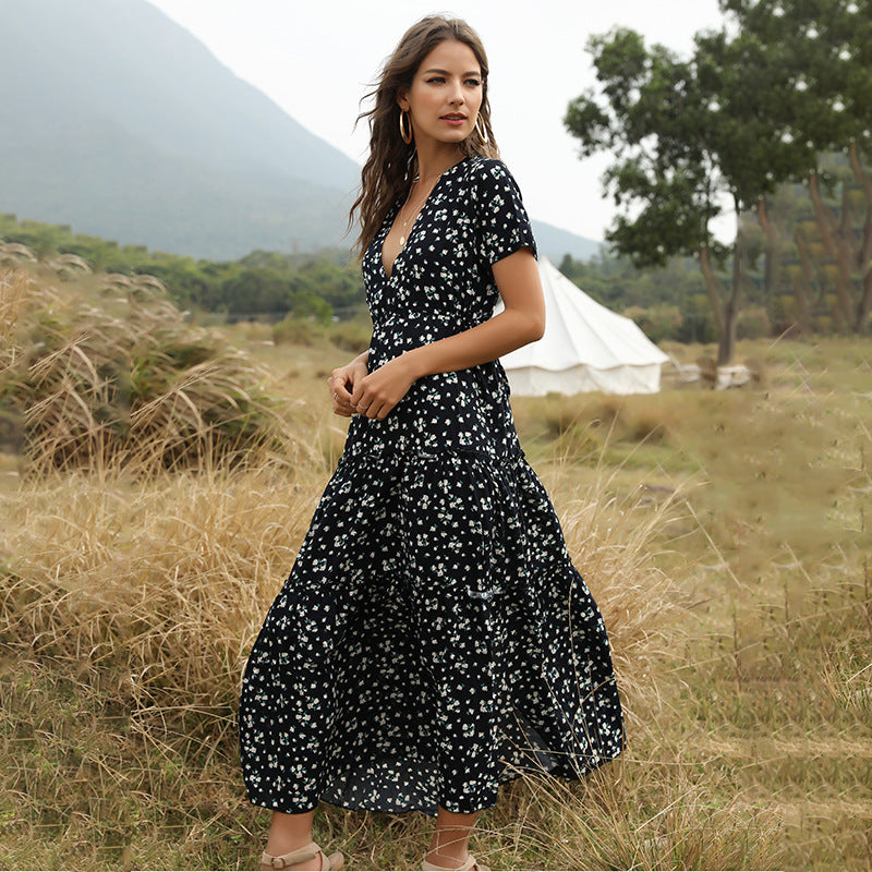 Bohemian Ruffled Floral V-Neck Maxi Dress