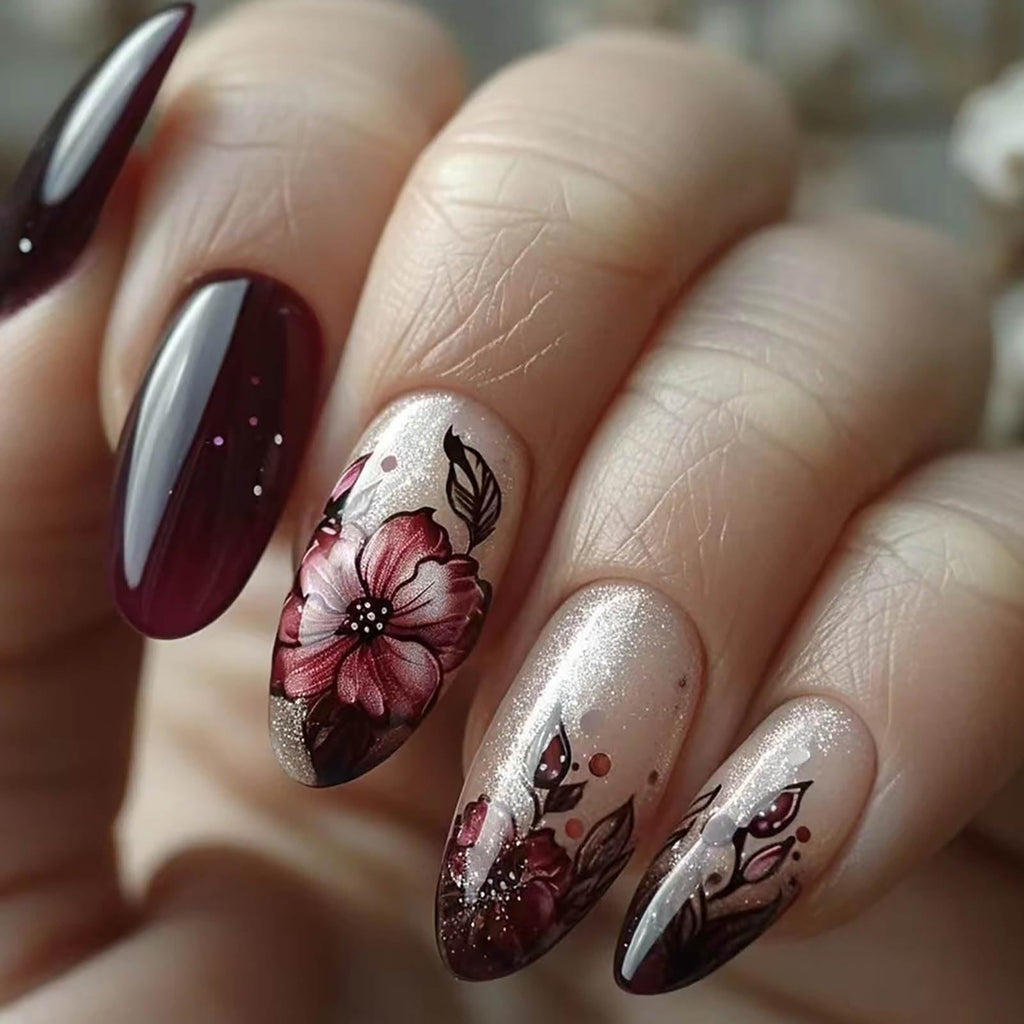 Dark Floral Ink Almond Press-On Nails - 24pcs