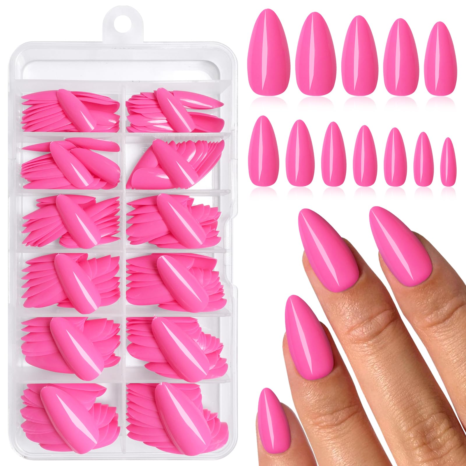 Hot Pink Almond Press-On Nails — 240pc Bulk Set
