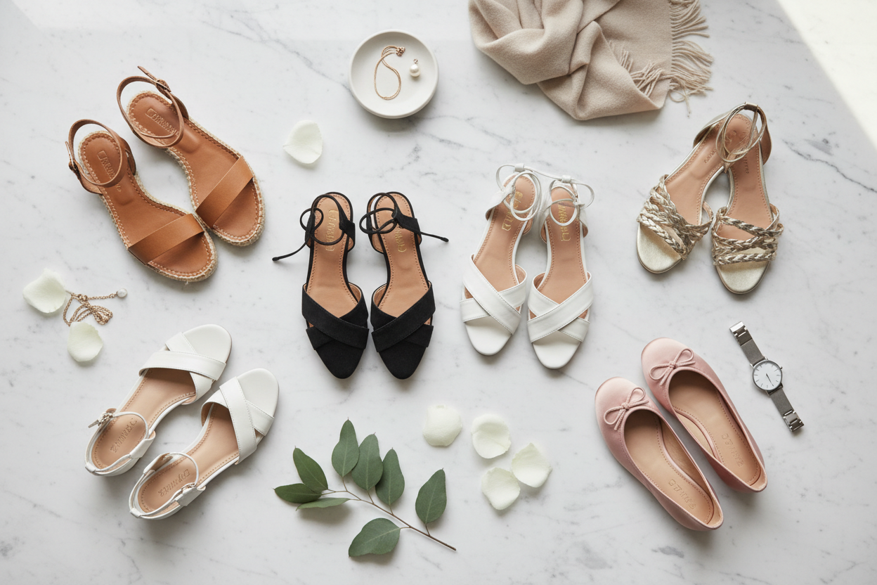 Flat sandals marble flat lay