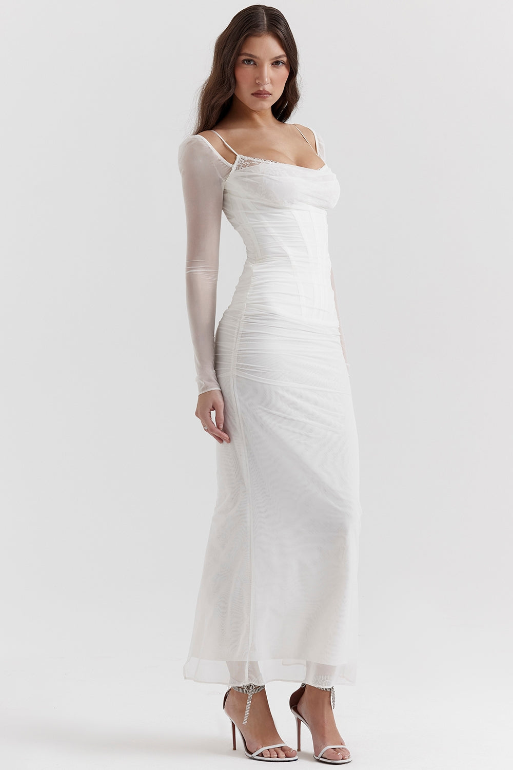 Taupe Mesh Long Sleeve Bodycon Maxi Dress