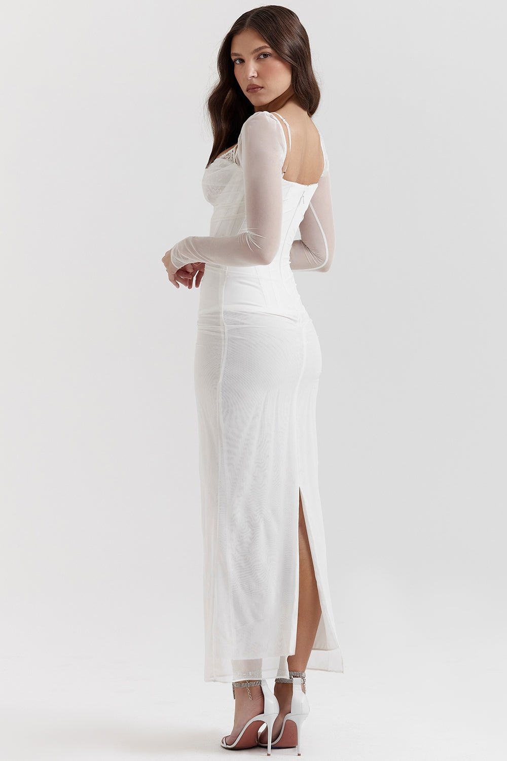 Taupe Mesh Long Sleeve Bodycon Maxi Dress
