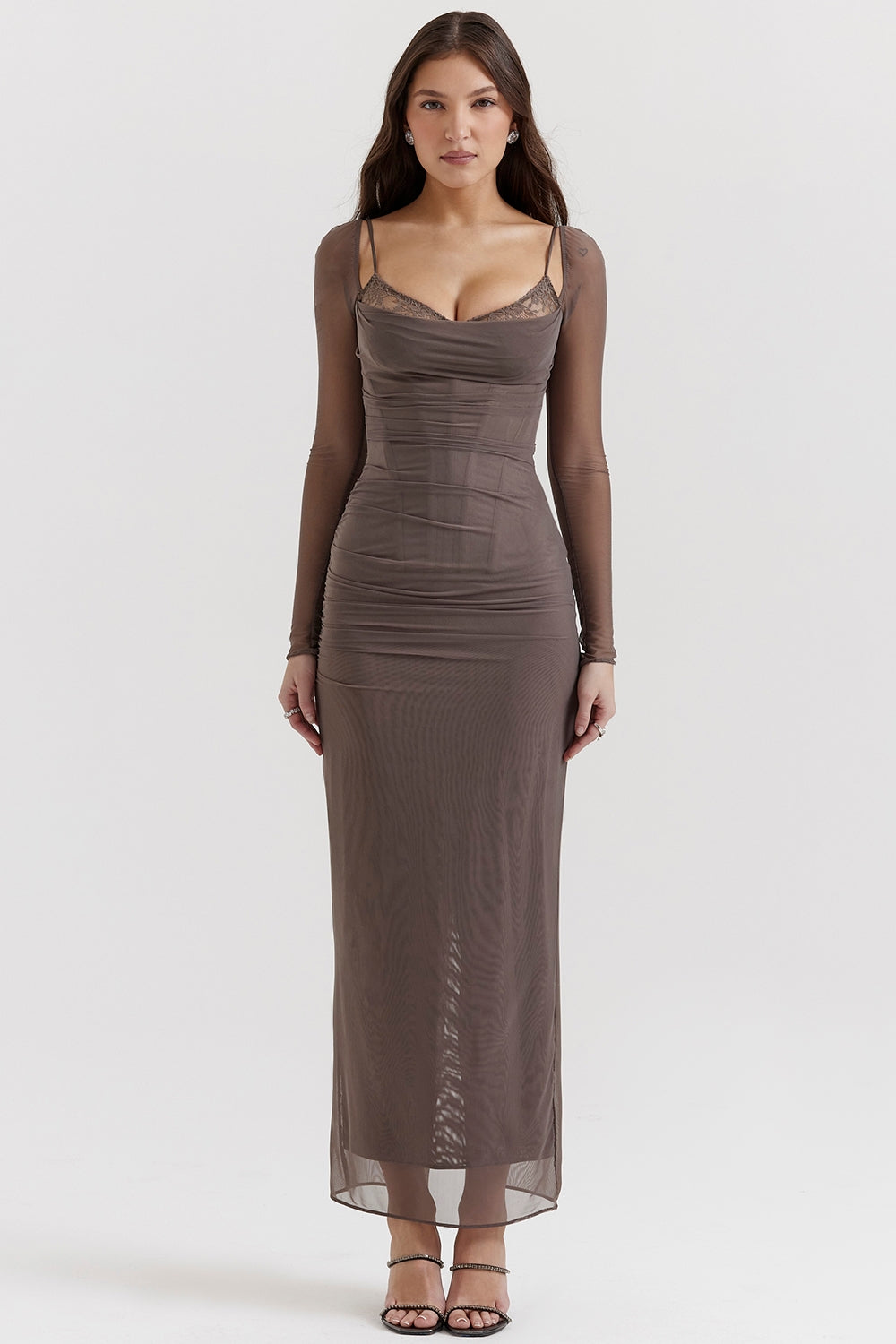 Taupe Mesh Long Sleeve Bodycon Maxi Dress