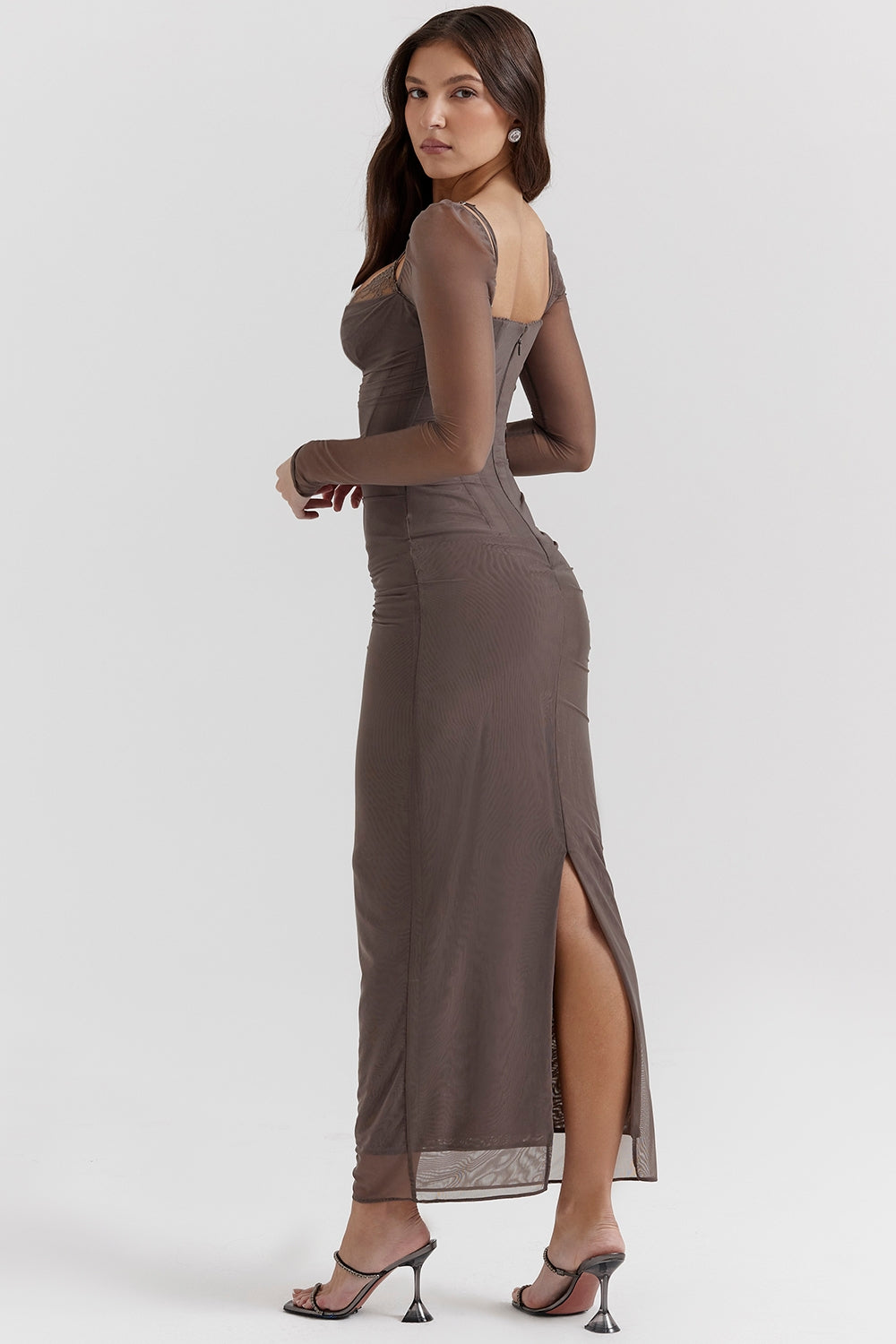 Taupe Mesh Long Sleeve Bodycon Maxi Dress