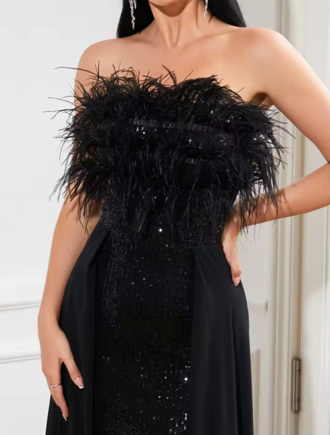 Black Sequined Strapless Feather Dress