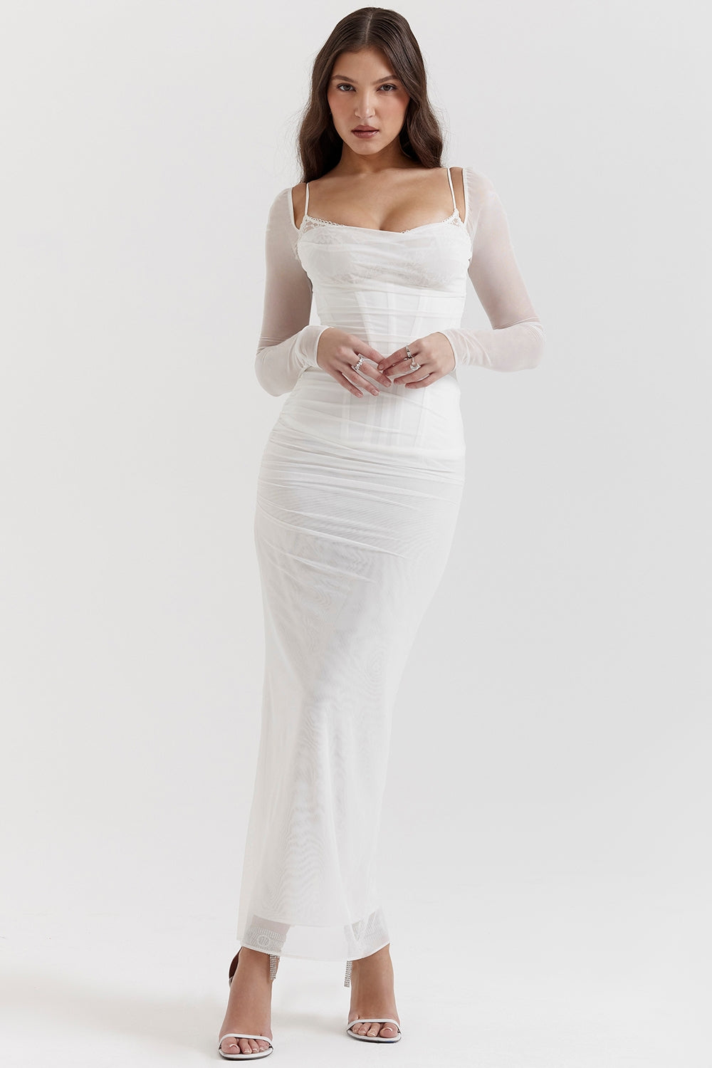 Taupe Mesh Long Sleeve Bodycon Maxi Dress