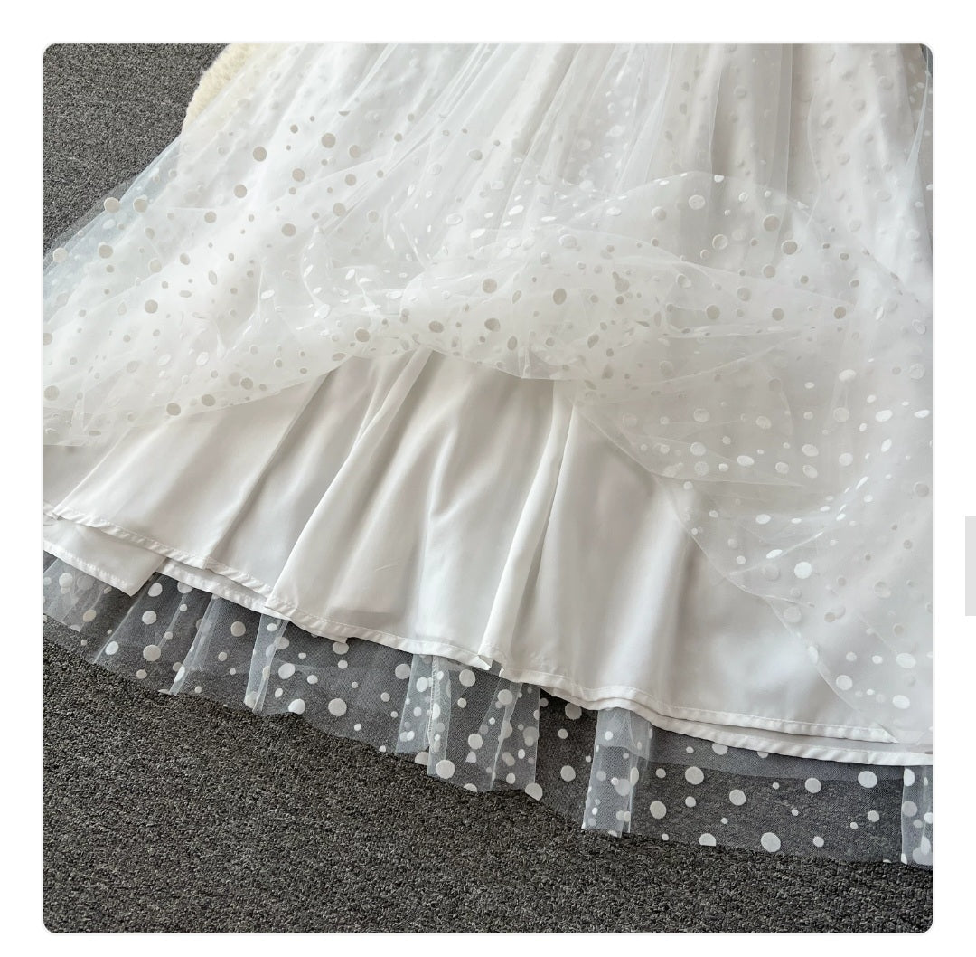 Pearl-Hem Tulle Off-Shoulder Maxi Dress