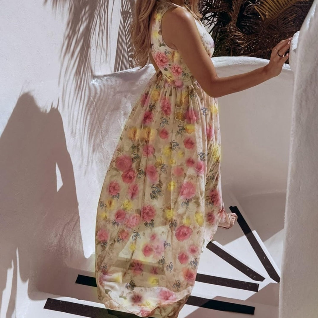Printed Chiffon Split Skirt Sleeveless V-Neck Dress