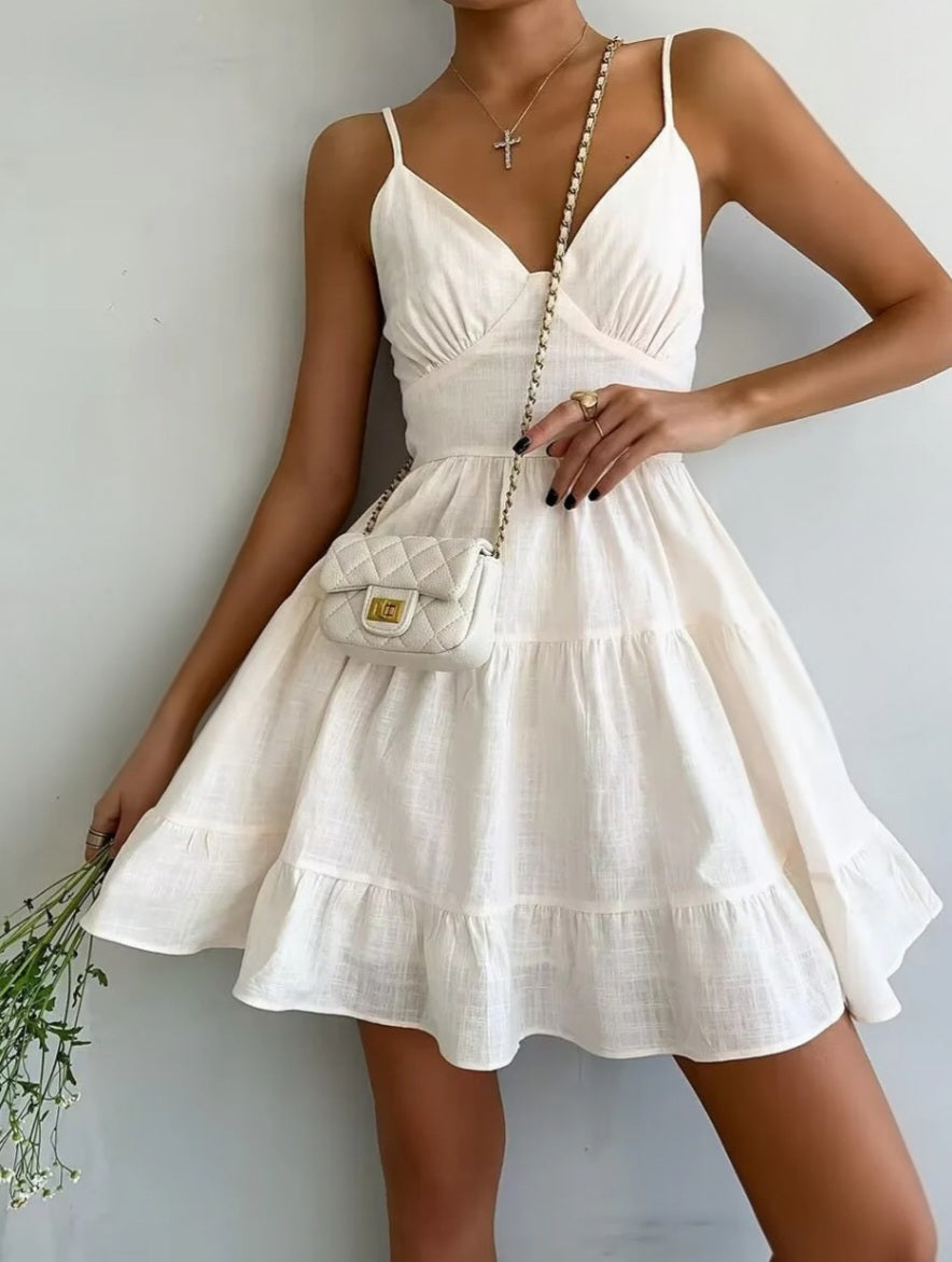 Ivory Fishbone Strap A-Line Mini Dress