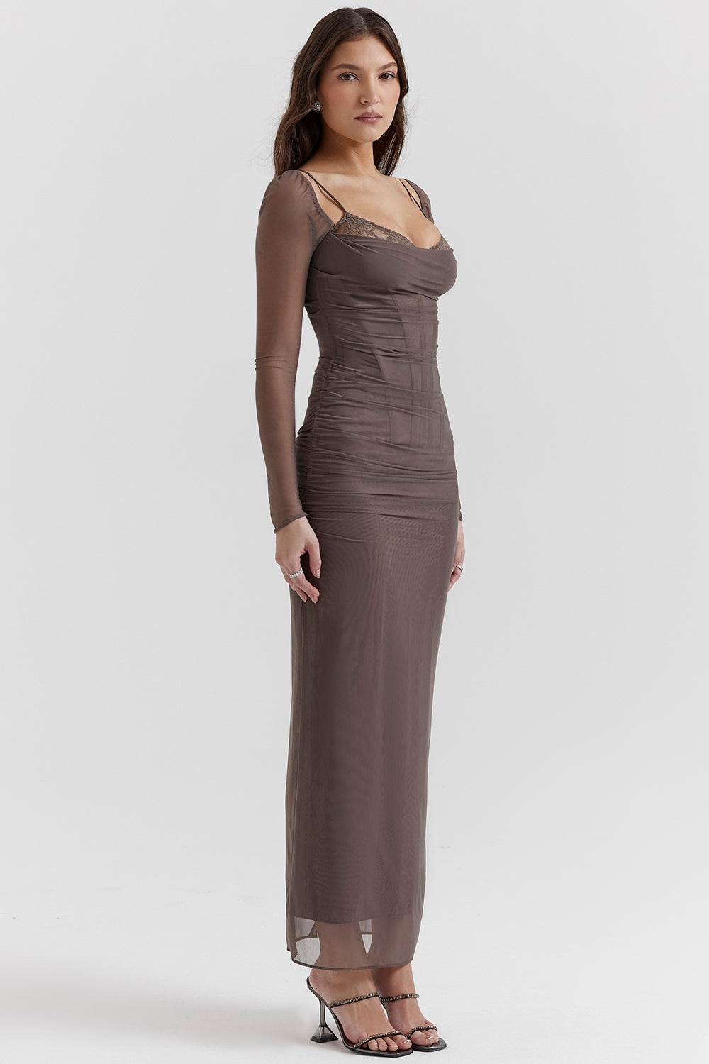 Taupe Mesh Long Sleeve Bodycon Maxi Dress