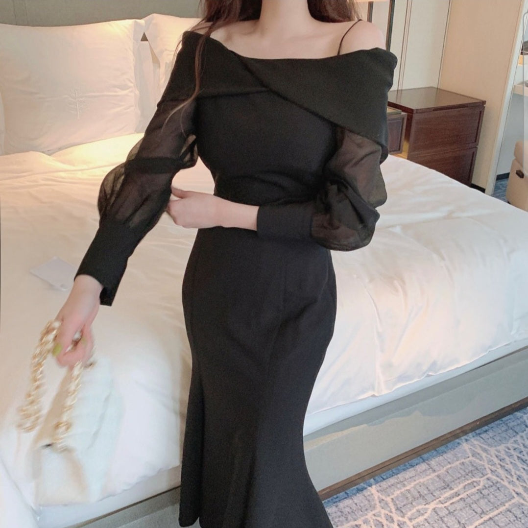Bubble Sleeve Long Fishtail Dress