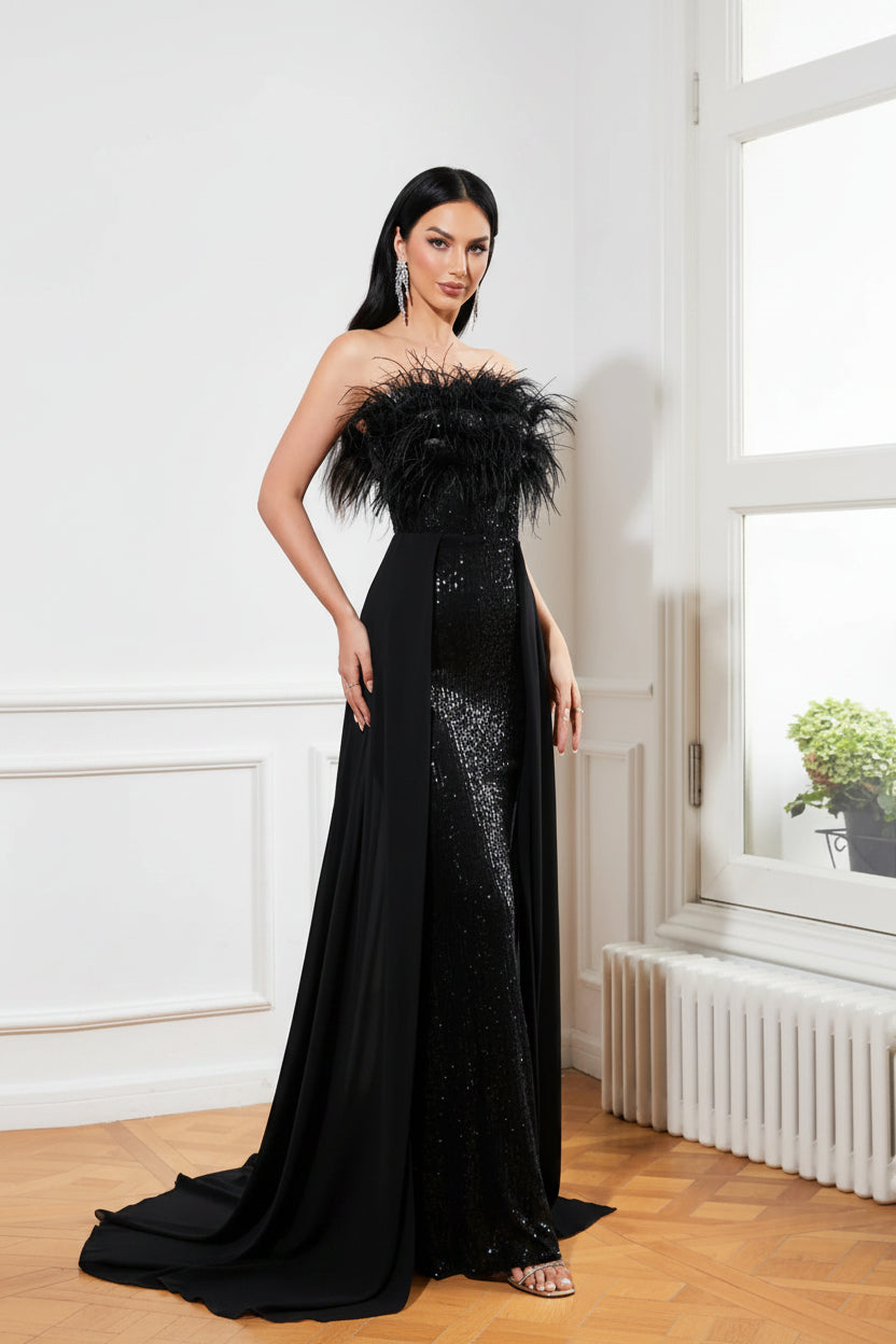 Black Sequined Strapless Feather Dress