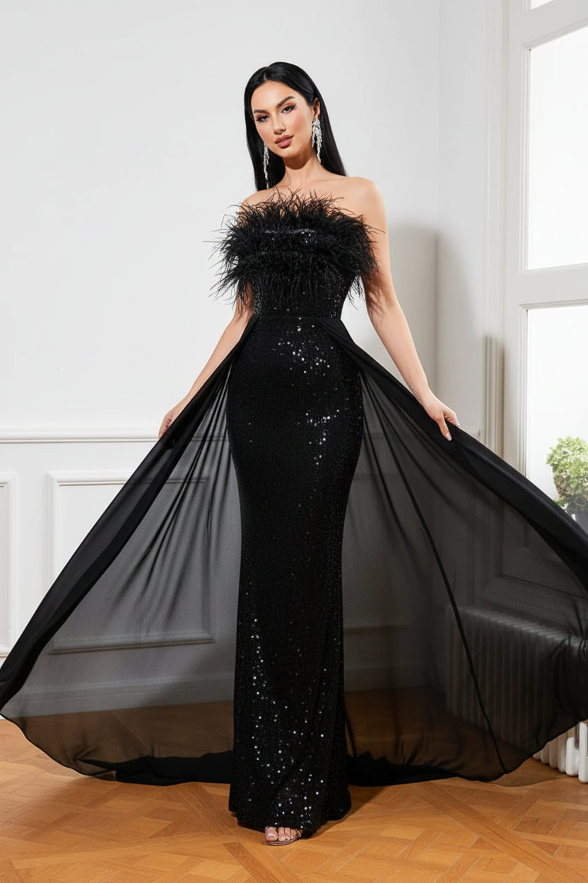 Black Sequined Strapless Feather Dress