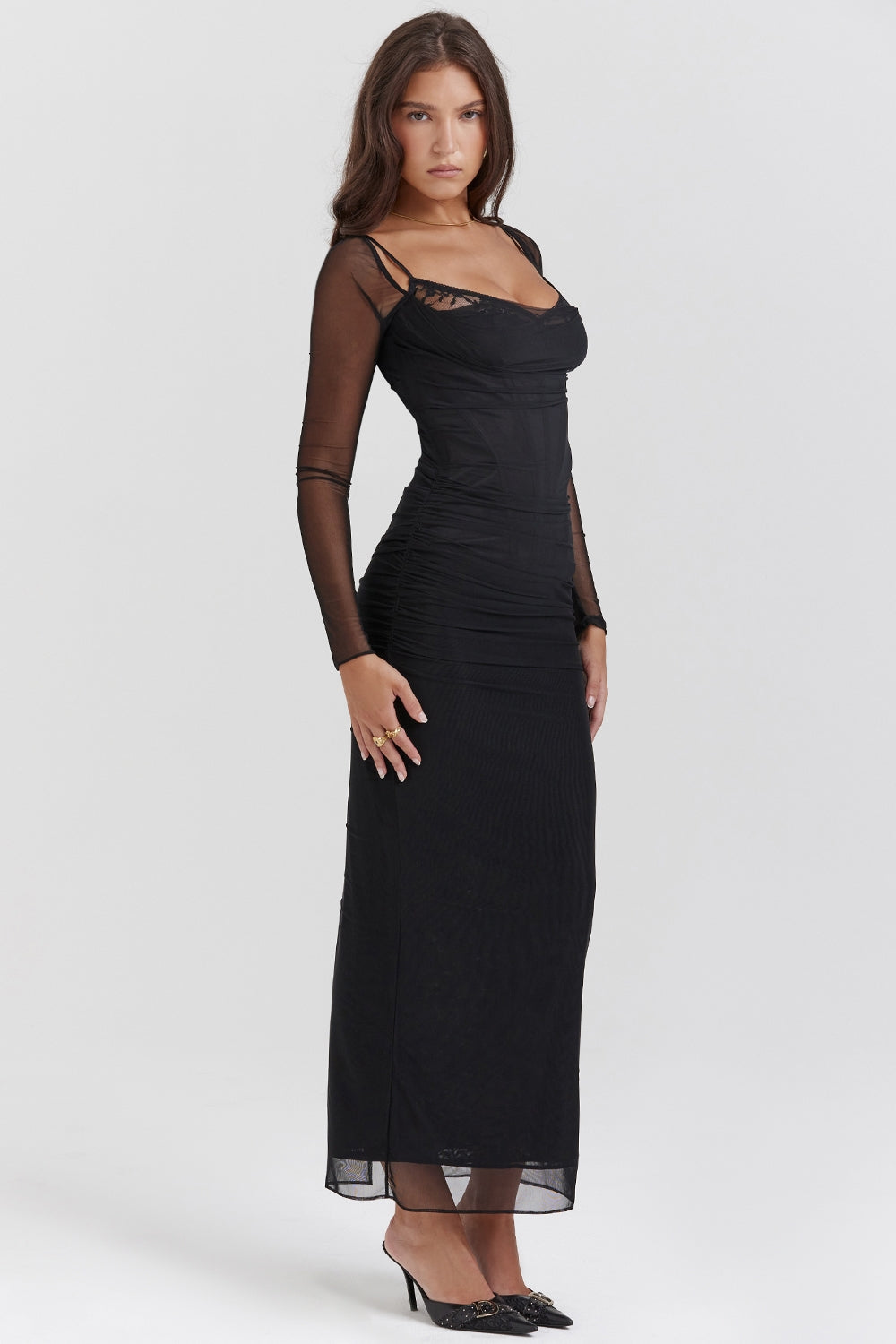 Taupe Mesh Long Sleeve Bodycon Maxi Dress