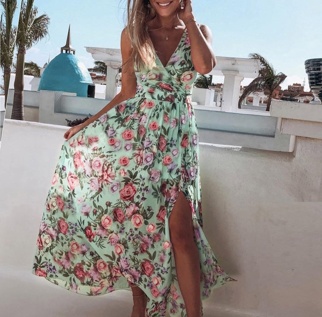 Printed Chiffon Split Skirt Sleeveless V-Neck Dress