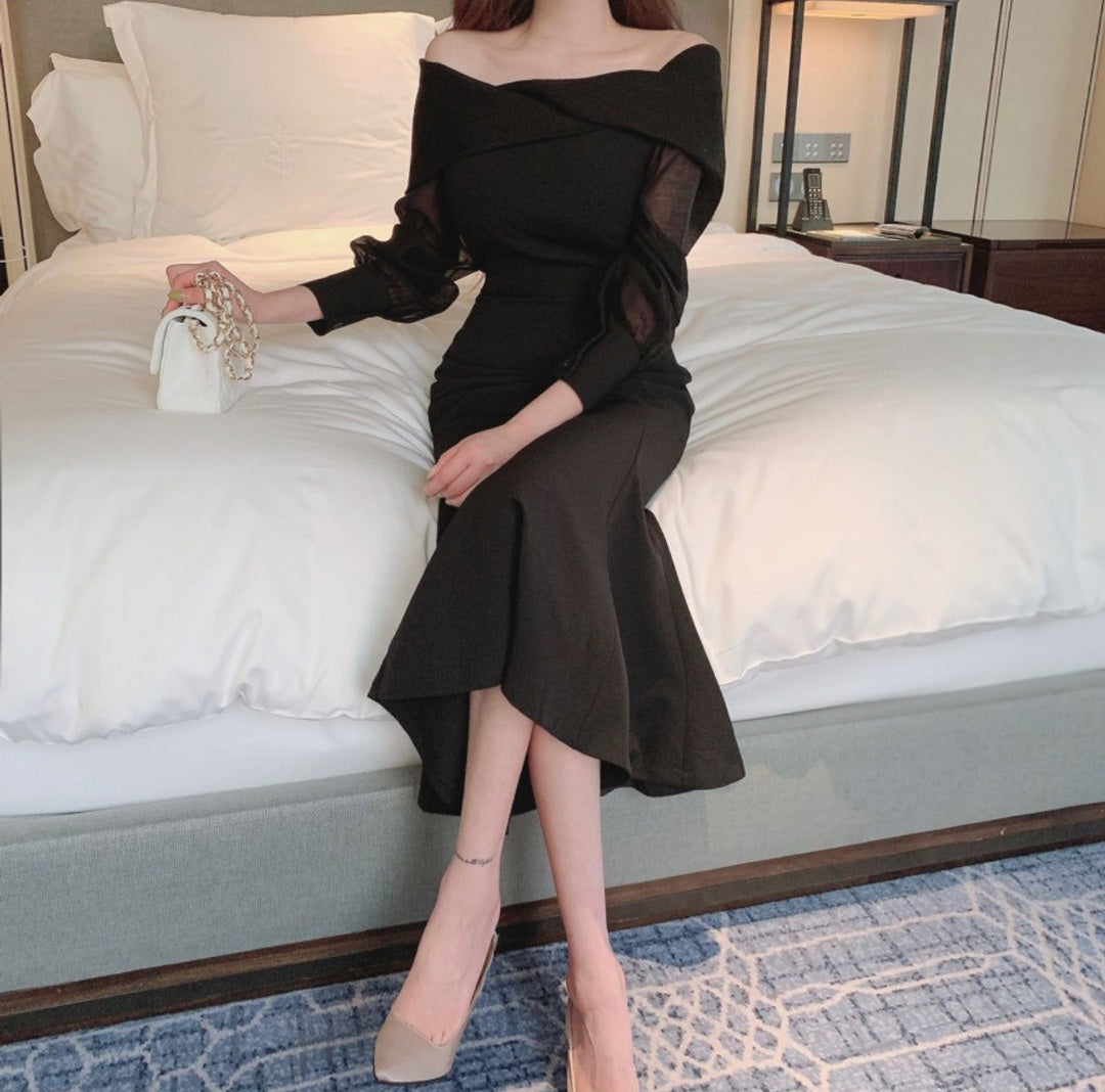 Bubble Sleeve Long Fishtail Dress