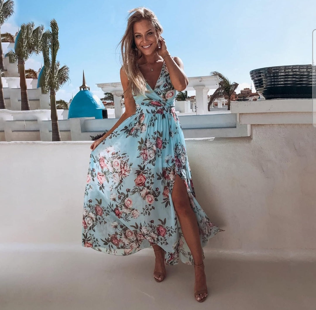 Printed Chiffon Split Skirt Sleeveless V-Neck Dress