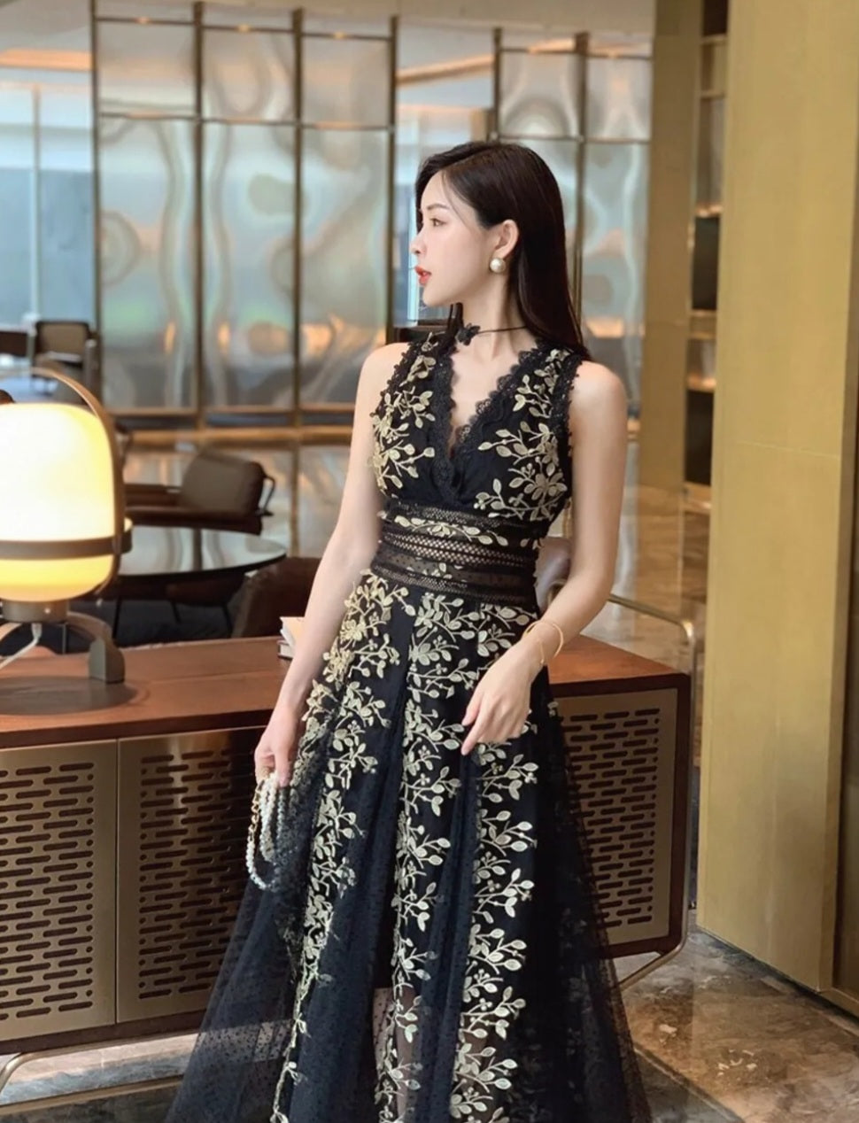 Floral Embroidered Mesh V-Neck Ballgown Maxi Dress