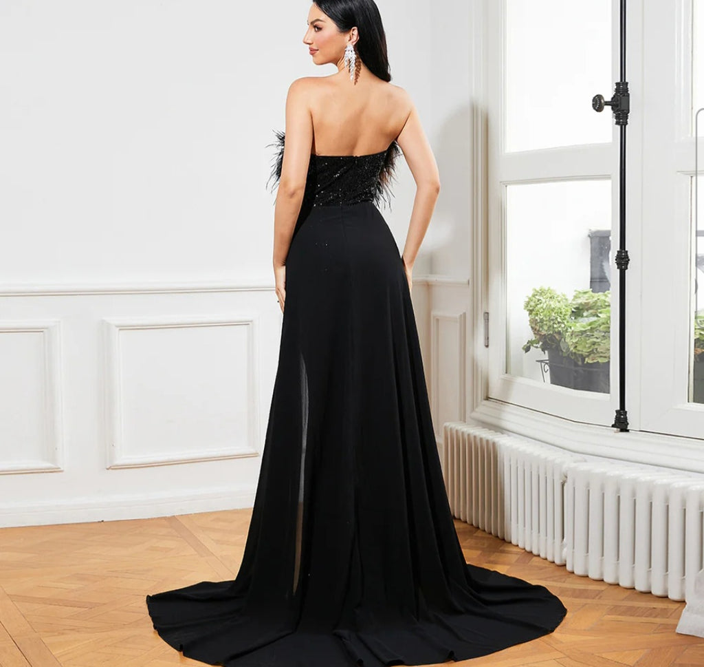 Black Sequined Strapless Feather Dress