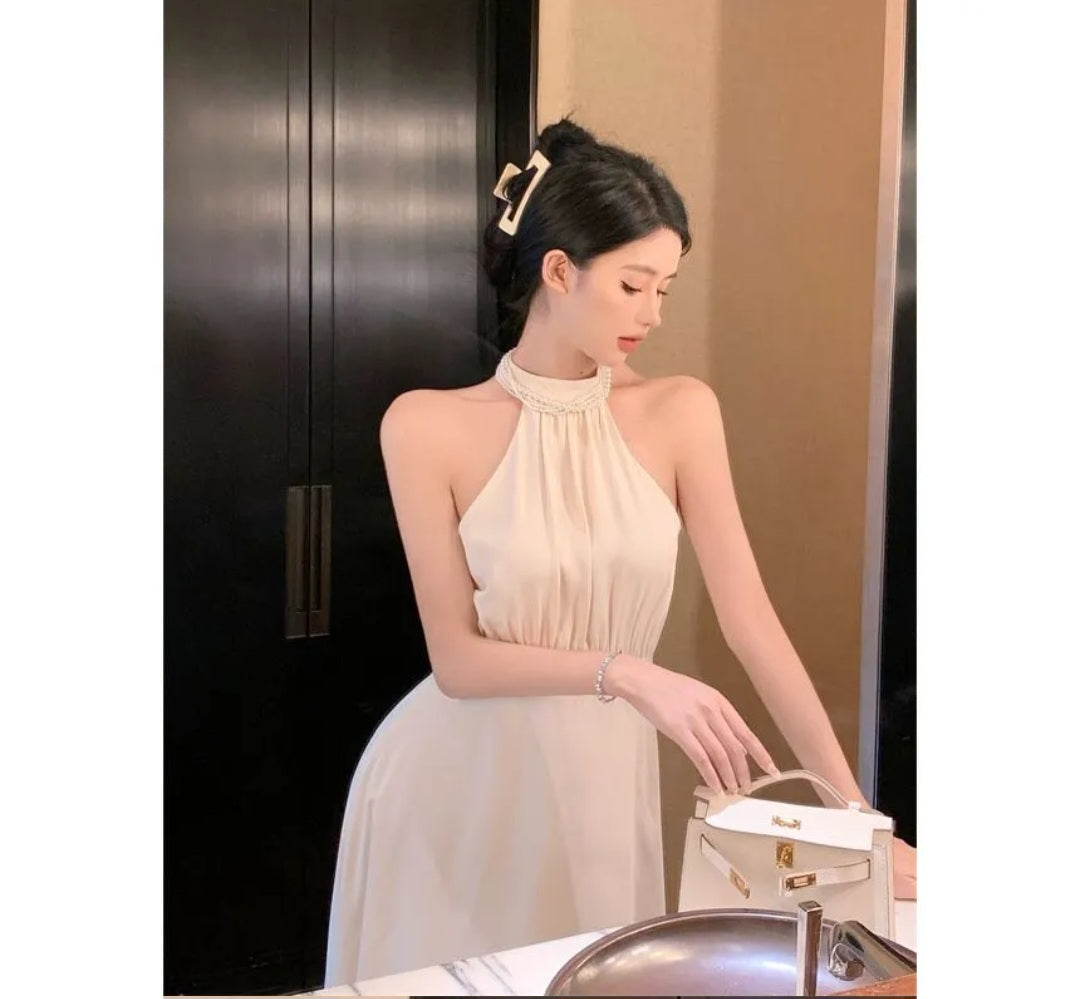 Ivory Halter Neck Draped Maxi Dress