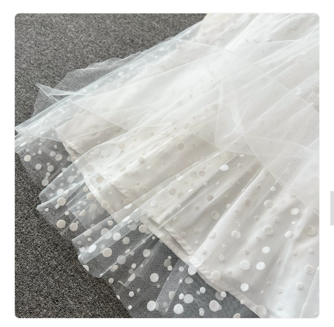 Pearl-Hem Tulle Off-Shoulder Maxi Dress