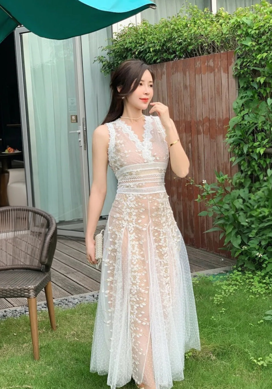 Floral Embroidered Mesh V-Neck Ballgown Maxi Dress