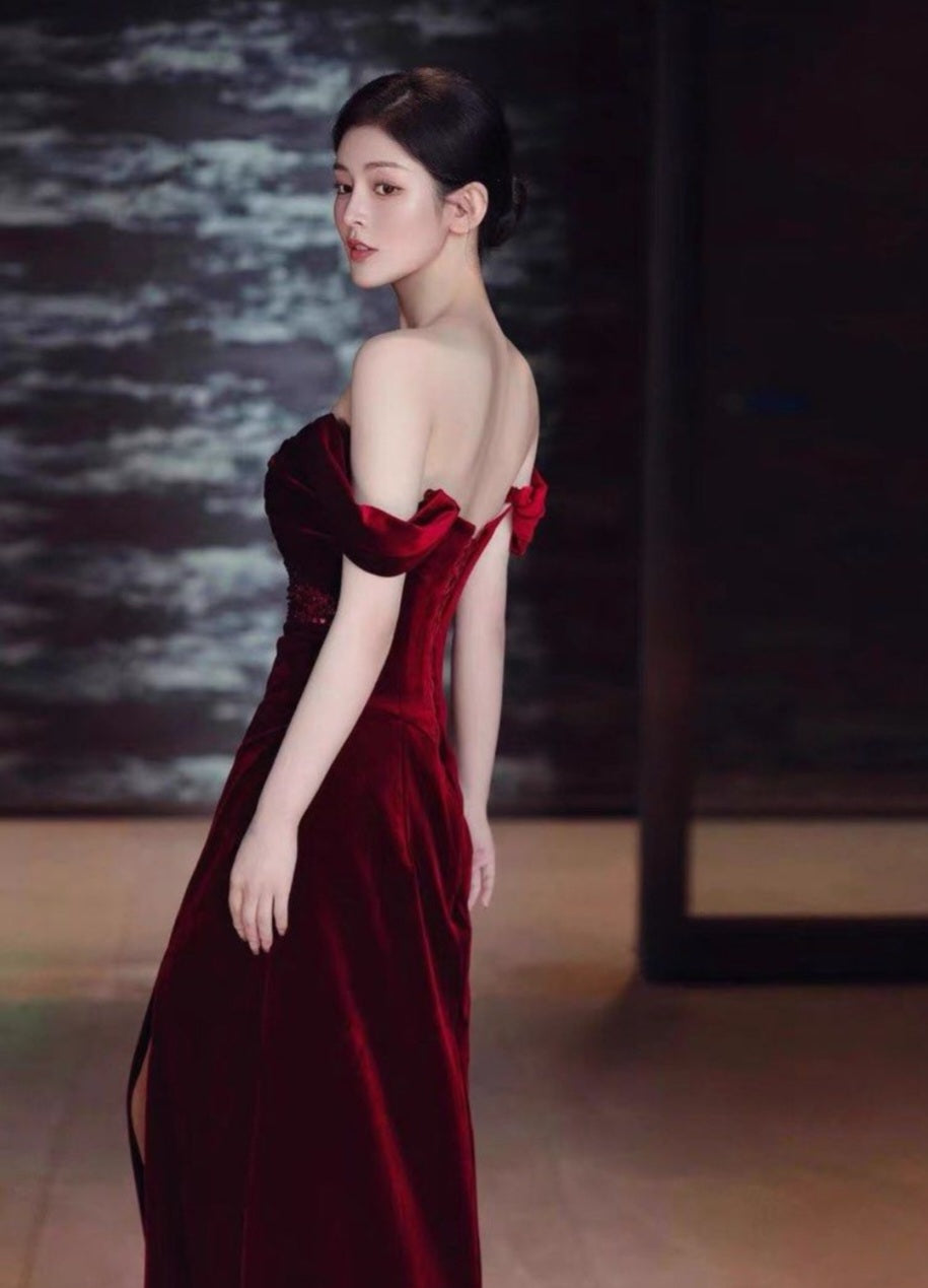Wine Red Off-Shoulder Velvet Sequins Fishtail Dress