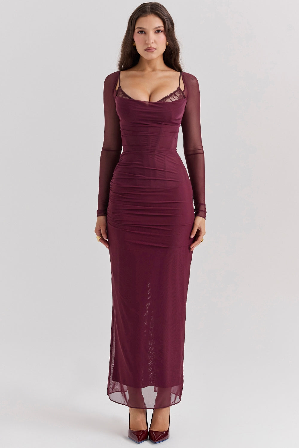 Taupe Mesh Long Sleeve Bodycon Maxi Dress