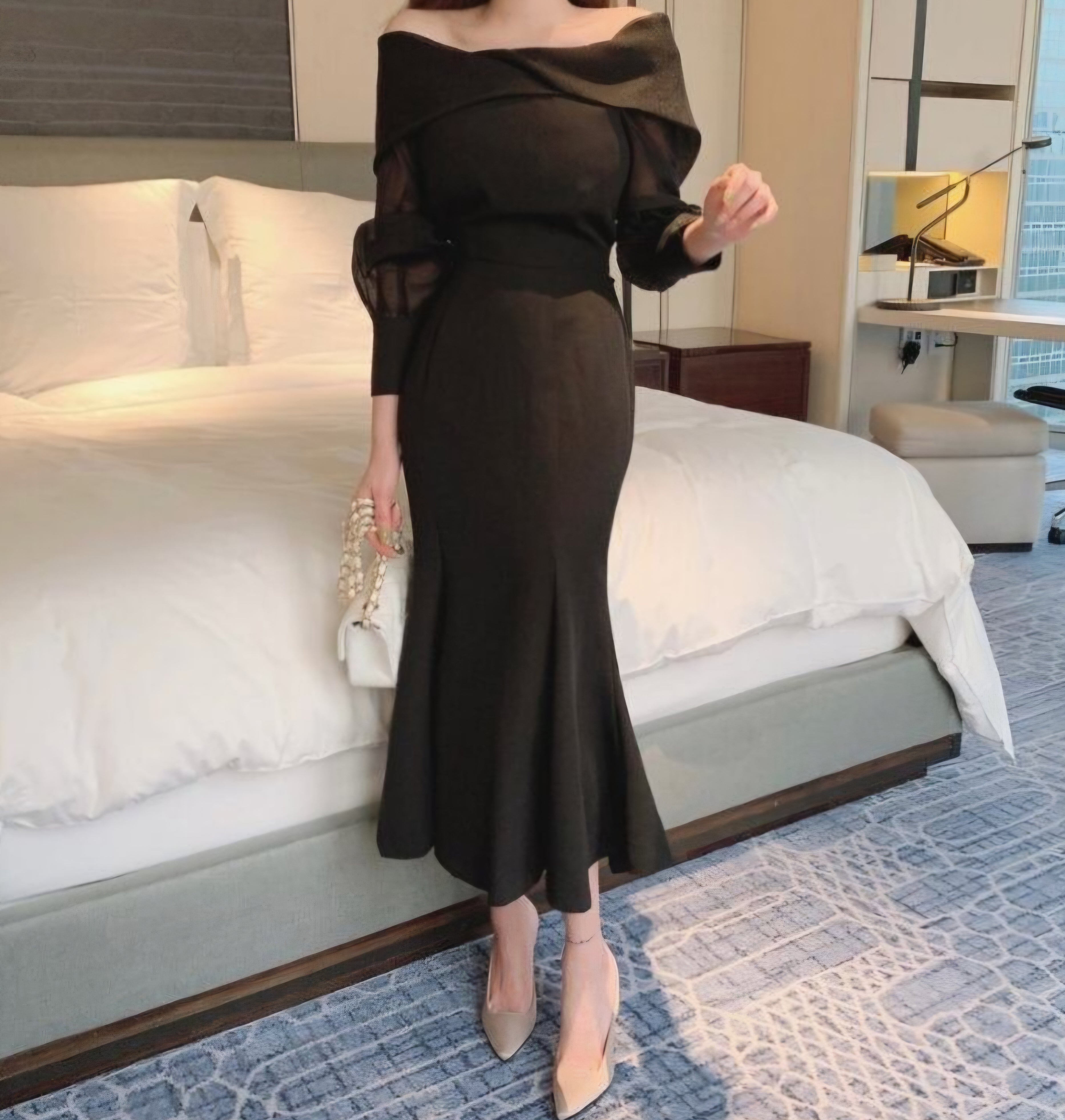 Bubble Sleeve Long Fishtail Dress